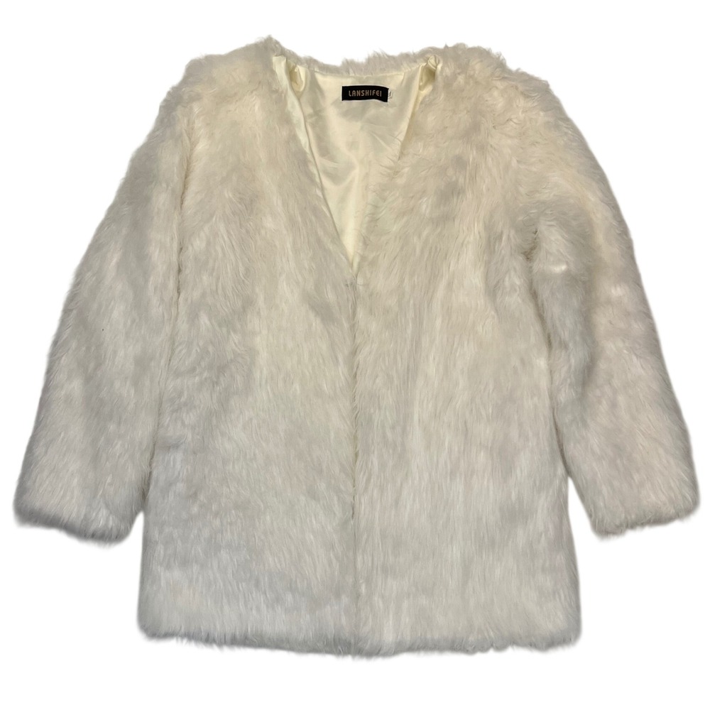 Lansifei Cream White Faux Fur Cozy‎ Luxe Y2K Glam Statement Coat Size XXL